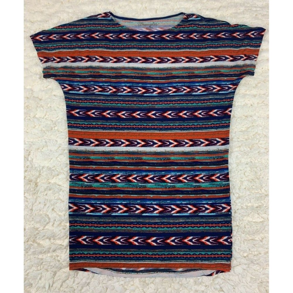 Wrangler Womens L Aztec Boho Short Sleeve Tunic Shirt Dress Festival Midi Sheath
